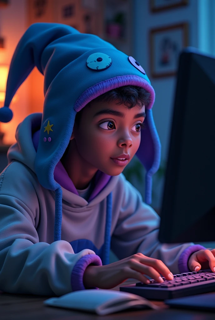 20 year old dark-skinned guy wearing a blue and purple hat with ears that fall down playing on the computer