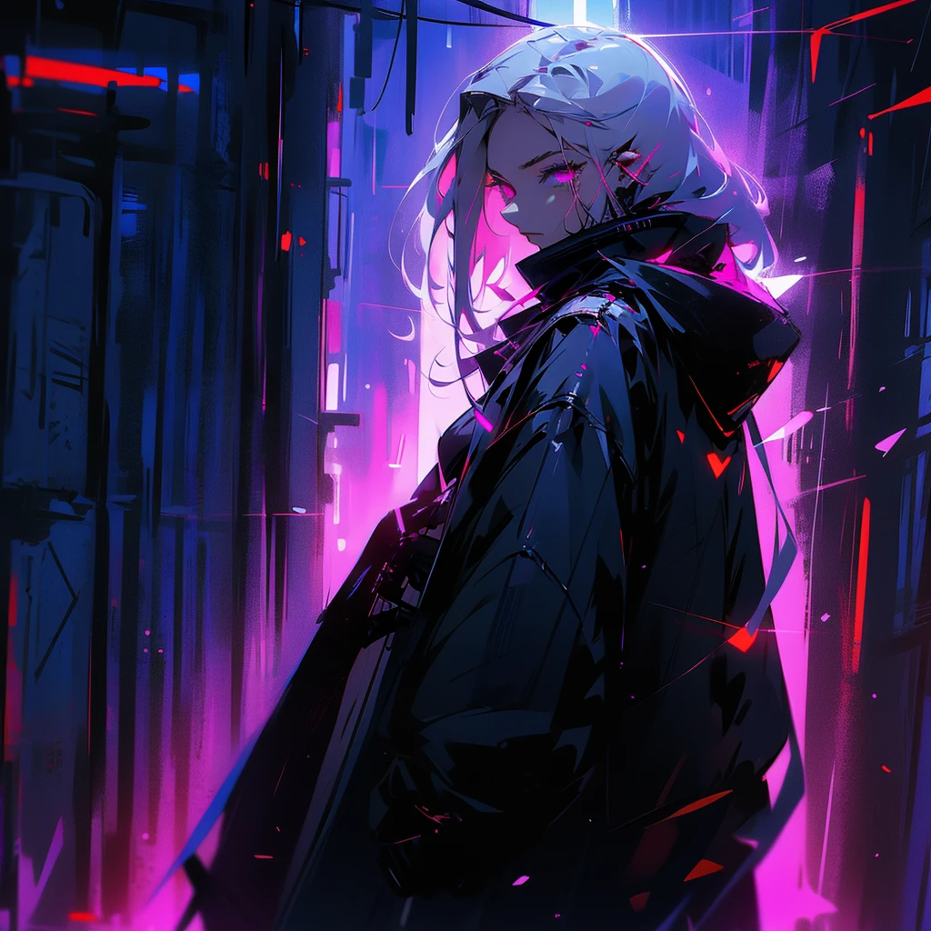 White hair, woman, female, looking at viewer, long hair, center part, dark silver hair, White eyes, gradient eyes, with irises, fair skin, with black angel wings on back, black coat, black hood, black gloves, cyberpunk,