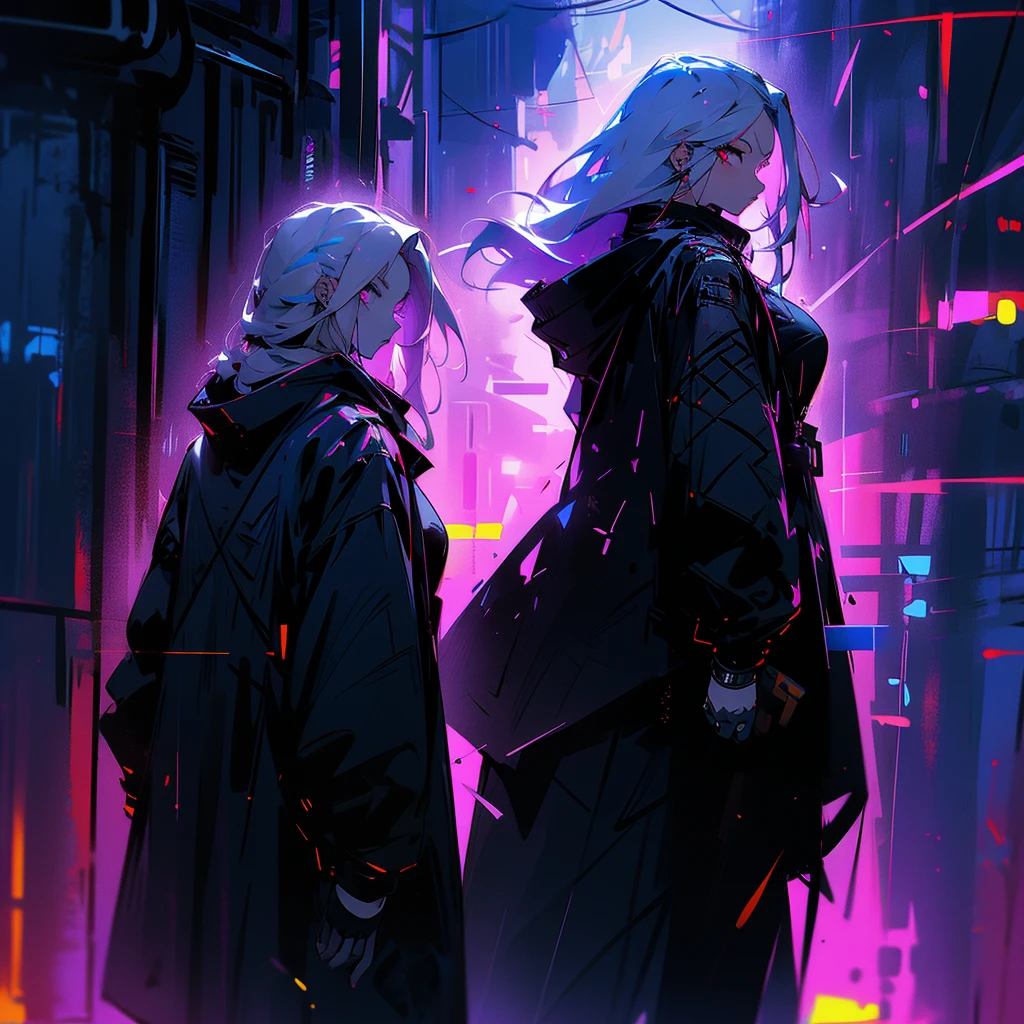 White hair, woman, female, looking at viewer, long hair, center part, dark silver hair, White eyes, gradient eyes, with irises, fair skin, with black angel wings on back, black coat, black hood, black gloves, cyberpunk,