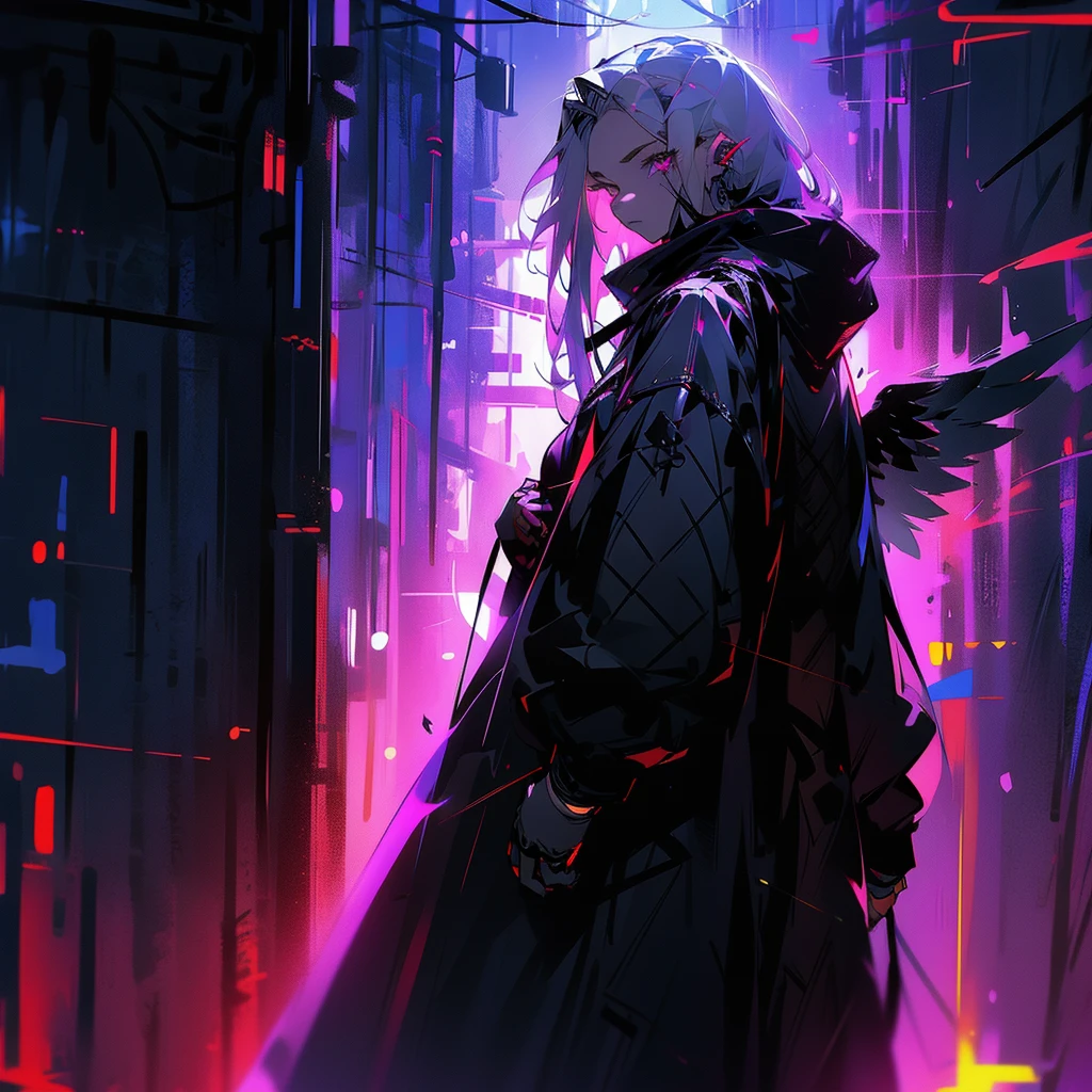 White hair, woman, female, looking at viewer, long hair, center part, dark silver hair,  White eyes, gradient eyes, with irises, fair skin, with black angel wings on back, black coat, black hood, black gloves, cyberpunk, 