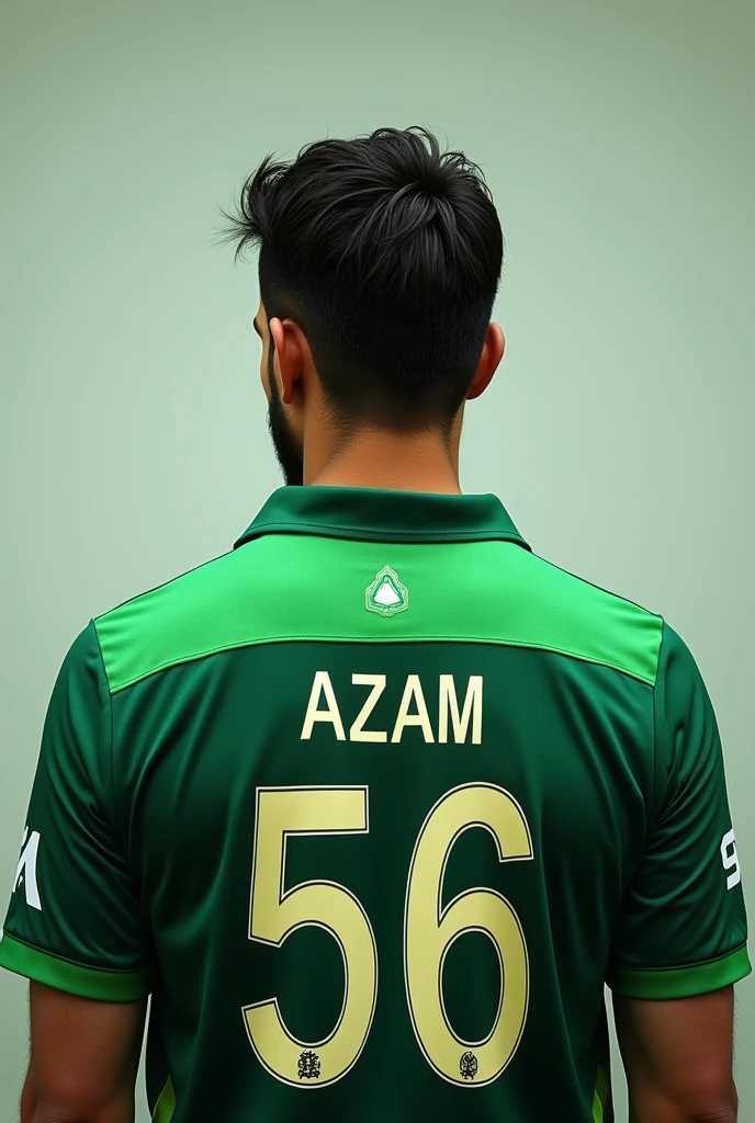 Make a babar azam photo from a back side with the pakistan cricket board logo and also write a shirt no 56 on his shirt green shirt and look a good more better real logo of pct