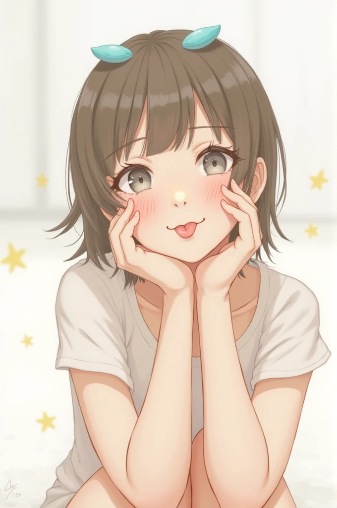 1 girl sticking out tongue and her eyes looking up with little clothing 