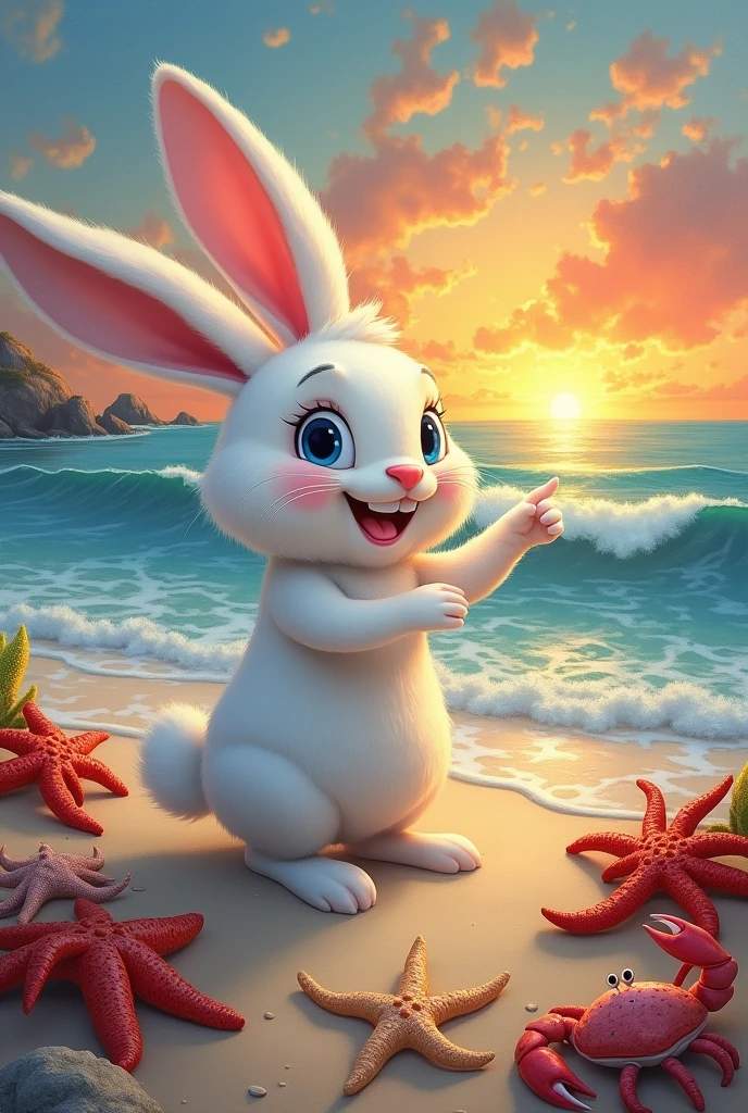 
I am a famous painter of hyperrealistic images and I want to draw a picture of a white rabbit with blue eyes smiling that is pointing towards the sunset, The sun is big and already has half hidden on the horizon, The sky has an orange and yellow color with beautiful clouds spread out, The rabbit is on the shore and on top of the sea foam on the white sand, Around the rabbit are several starfish and crabs., both of different sizes and colors