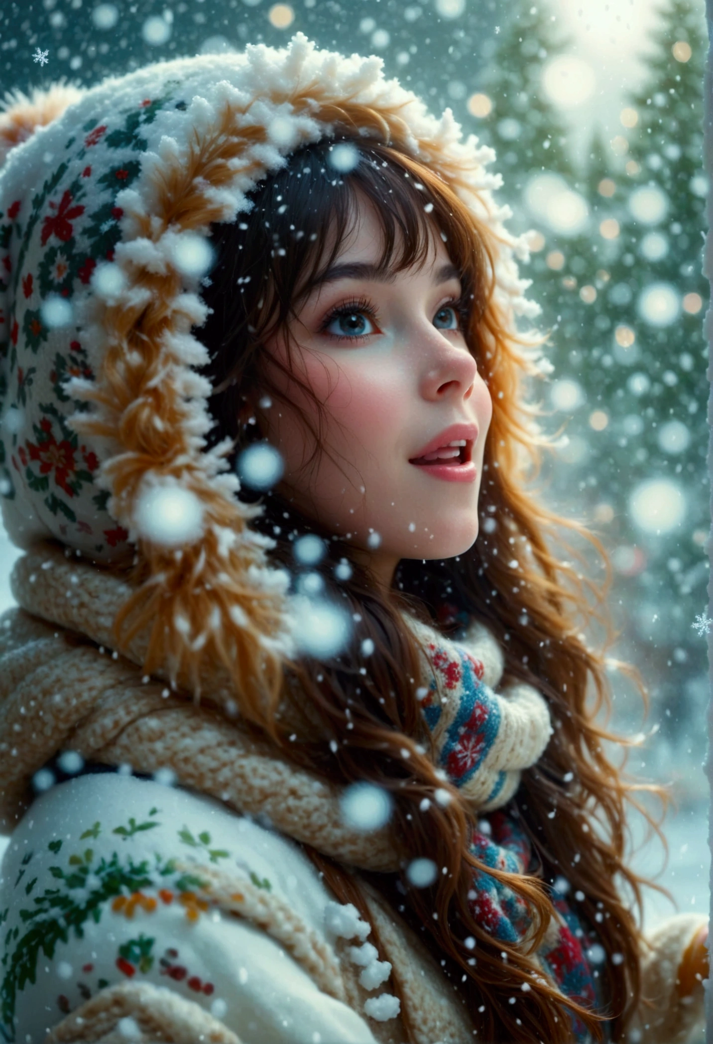 long exposure photorealistic image of a beauty girl dancing around the snowman happily in the midst of snowfall, exaggerates snowflakes falling image surrounding, best quality, dramatic lights, cinematic motion, slow shutter shot with Fuji Film X4 f/1.5 ISO 200