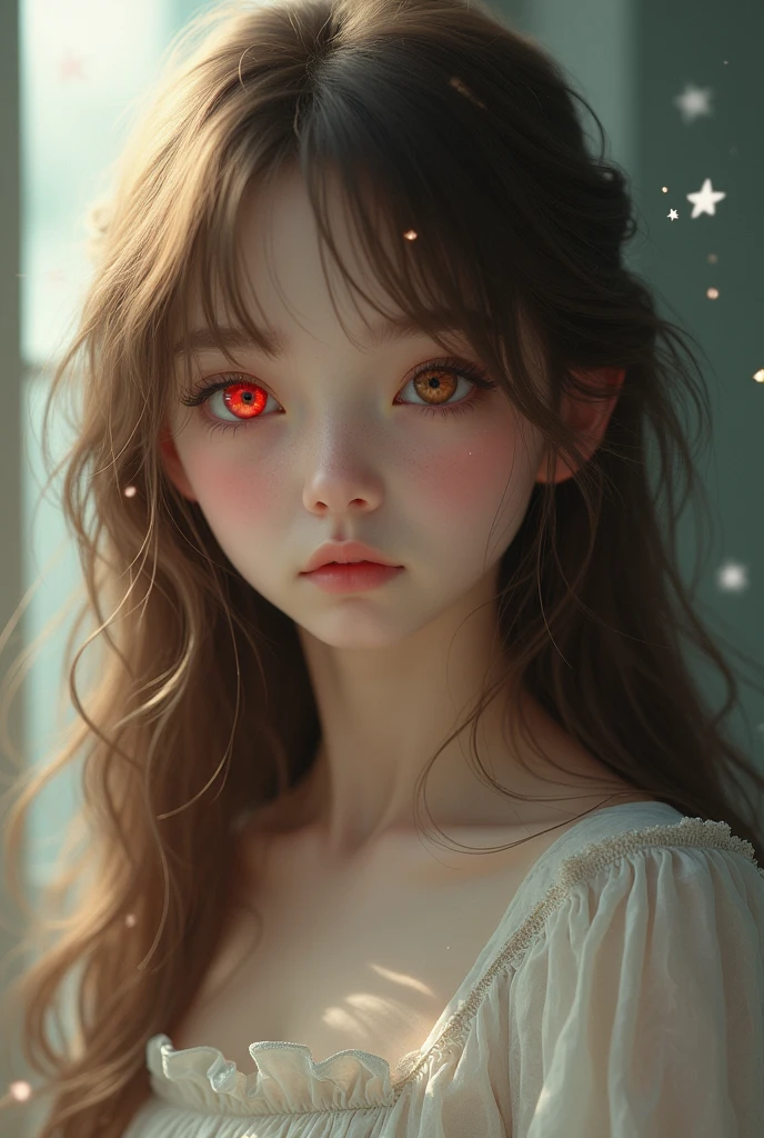 Girl with brown hair and red eye and cute and pretty 