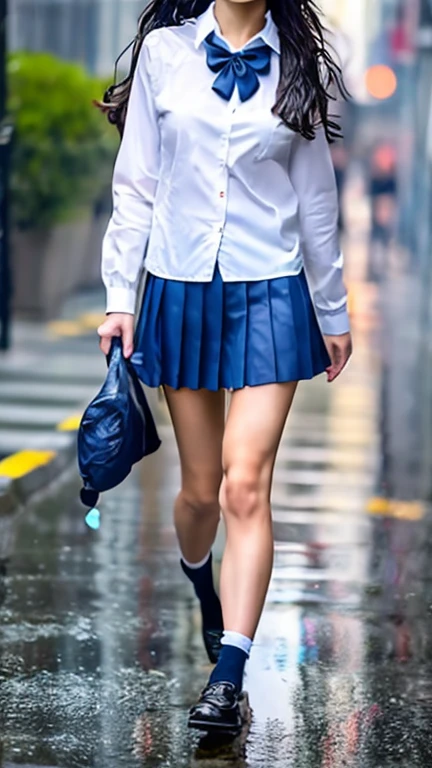 a girl walking home from school on a pluiey day, Tenir un parapluie, grenouilles, escargots, pluie, flaques d&#39;eau, chaussée mouillée, ciel couvert, couleurs sourdes, Éclairage naturel, Caractéristiques détaillées du visage, photoréaliste, Ultra-détaillé, 8k, Hyper réaliste, palette chaleureuse, mise au point douce, profondeur de champ