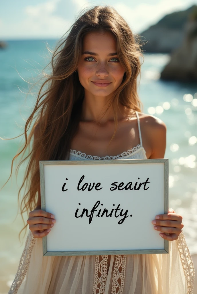 Beautiful girl with wavy long hair, bohemian dress, holding a white board with text "I Love Seaart Infinity" and showing it to the viewer