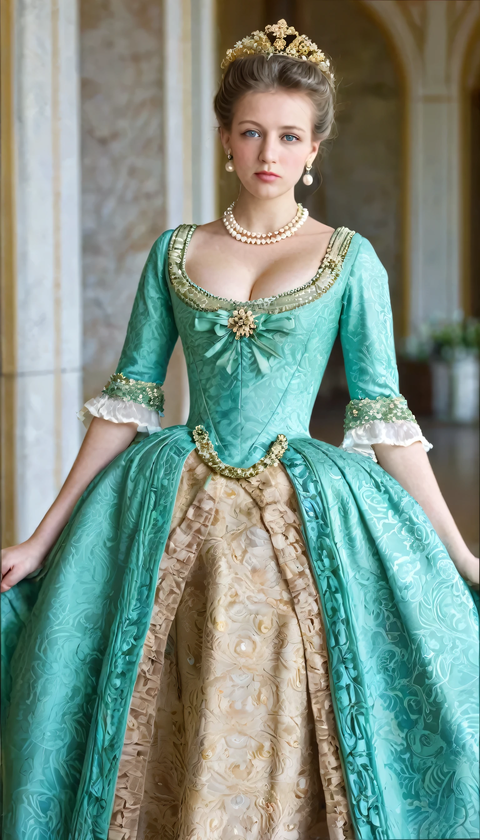 Front view , looking at viewer ,Full-body,,  Empire of Austria -Hungary girl, 2 old, (Light brown hair, middle hair , wince, Green eyes, beautiful lip, serious), (Pearl crescent earrings, Pearl and gold neckless, tiara with Dimond ), (big breasts, slender whist, wide hip) ,(Rococo 18the century dress), turquoise base dress and skirt, (Blue Sinister:1.5) , in Palace, in Austria, textured skin , HI detailed skin, (foreshortening, Canon, UHD, anatomically correct, super detail, high details, highness ,壁にプロビデンスの画が飾ってある