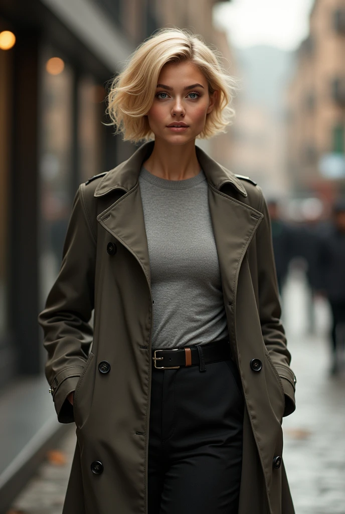 confident young woman with short blonde hair in coat very proud