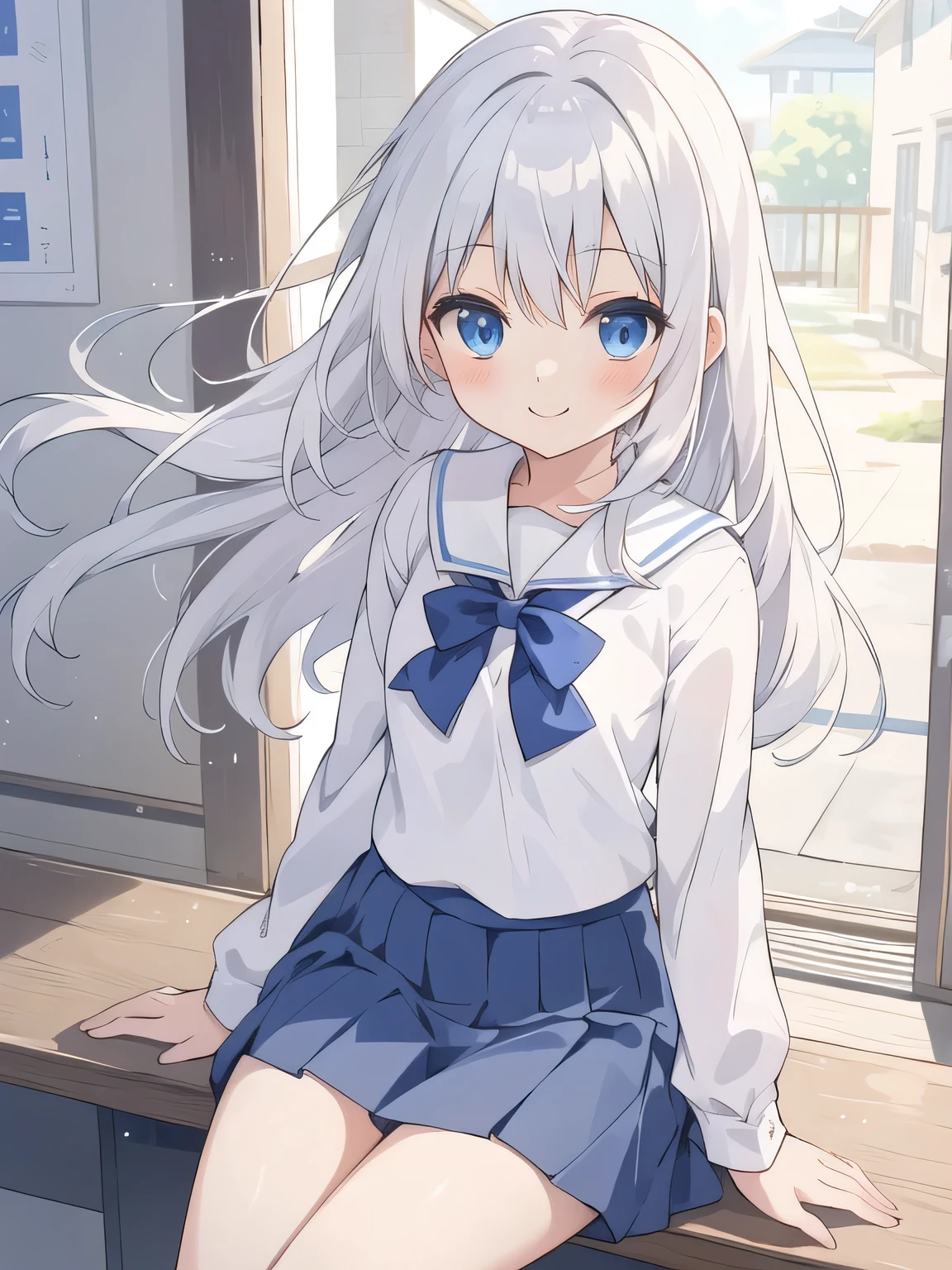 cute girl, アニメ, silver hair, Blue eyes, feel shy, cute, (young:1.1), side shot, cowboy shot, white school uniform, morning, school zone, smile, blue skirt, strong wind, white pantie, sitting, open leg, ローアングル, パンチラ