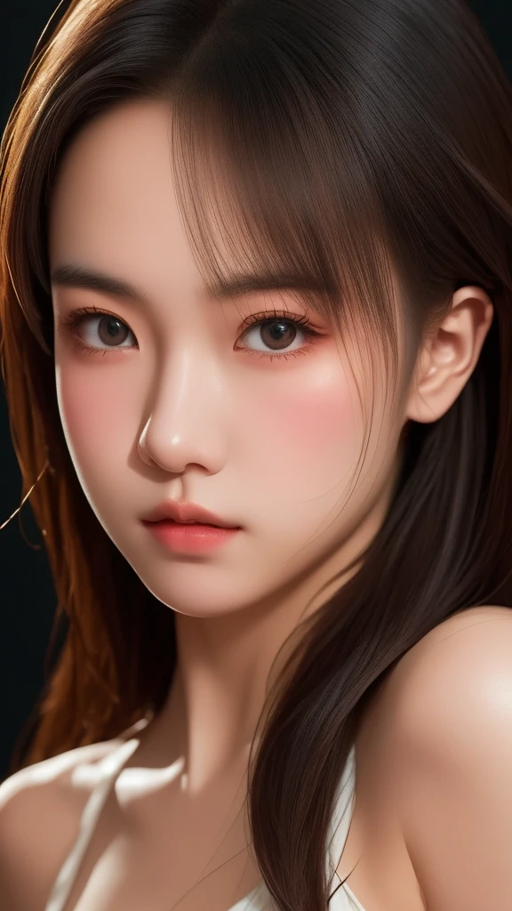 The illustration features high-quality and delicate details. A cute, innocent Asian teenage girl with light makeup, wearing revealing attire, a sexy figure, and detailed white skin. It has high resolution, presented as a 16K wallpaper with a completely dynamic structure. The painting includes exquisite and beautiful eyes, a captivating and expressive face, showcasing lively and elegant expressions. The subject is gazing slowly at the viewer against a black background, reminiscent of Mark Demsteader's style.