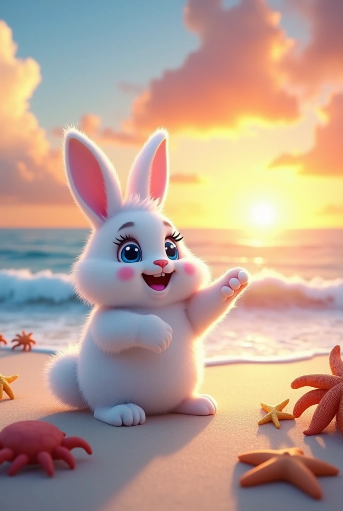 A white rabbit with soft, fluffy fur, with big blue eyes that shine with a glint of happiness, It is on the seashore, right where the foam of the water mixes with the white sand. The rabbit has a happy expression, with a big smile on his face. One of its front legs is raised, pointing towards the horizon, where the sun is half hidden in the ocean, painting the sky in orange tones.
The sky is adorned with fluffy clouds that seem to float gently, reflecting the vibrant colors of the sunset. At the feet of the rabbit, The sand is decorated with starfish and crabs of different sizes and colors., creating a vibrant and lively environment. Crabs and starfish appear to move gently with the flow of the water