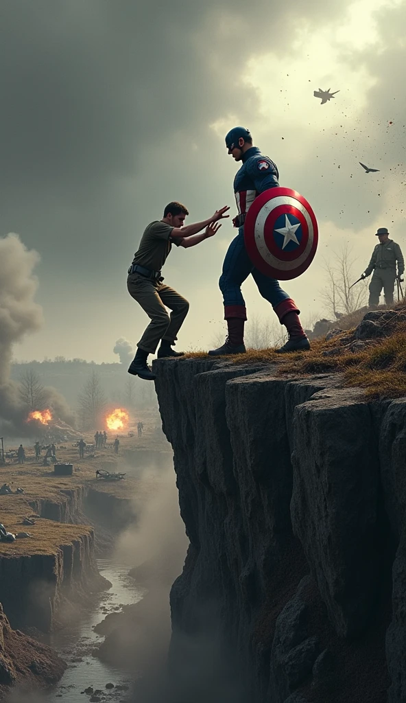 Clareza e Especificidade no Prompt: Captain America is depicted standing in the foreground of a World War II battlefield, reaching out with his right hand towards a moment frozen in time where Bucky Barnes is in mortal danger. The focus is on the tension and emotion in this pivotal moment.
Detalhes Visuais: Captain America is shown in full color, his iconic red, white, and blue suit vividly contrasted against the monochromatic, muted tones of the battlefield around him. His shield, slightly slung over his back, catches a subtle golden light from an unseen source, emphasizing its importance. Bucky, in his WWII uniform, is depicted clinging to the edge of a cliff, his face a mixture of fear and determination, with dirt and blood smudging his features. The environment should show debris, scattered weapons, and explosions frozen mid-air, with a smokey, war-torn landscape fading into the background.
Contexto e Composição: Captain America is positioned slightly to the right of the center, drawing the viewer’s eye towards his outstretched hand and the frozen scene of Bucky. The perspective should be slightly low, looking up at Captain America to emphasize his internal struggle and the weight of his decision. In the background, soldiers and war machines are locked in combat, all frozen in time.
Atenção ao Ambiente: The battlefield is a chaotic mix of destruction—trenches, shattered trees, and craters filled with stagnant water. The sky is overcast with thick, dark clouds, hinting at an impending storm, with occasional flickers of lightning illuminating the scene. Smoke and dust hang in the air, adding to the sense of stillness and suspension of time.
Referências Emocionais: The atmosphere is heavy with sorrow and urgency. Captain America’s face is etched with deep lines of worry and conflict, his eyes filled with a sense of helplessness as he considers altering a critical moment in time. His body language reflects hesitation, with his feet firmly planted yet his upper b