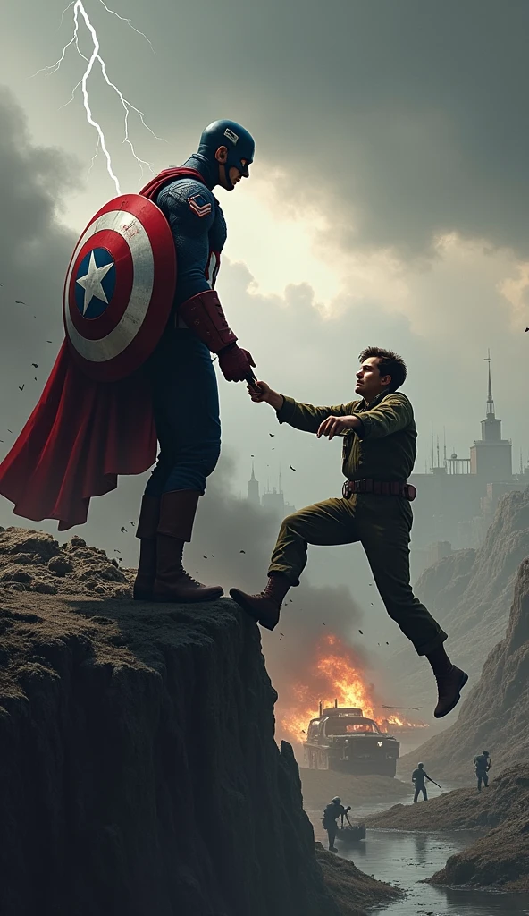 Clareza e Especificidade no Prompt: Captain America is depicted standing in the foreground of a World War II battlefield, reaching out with his right hand towards a moment frozen in time where Bucky Barnes is in mortal danger. The focus is on the tension and emotion in this pivotal moment.
Detalhes Visuais: Captain America is shown in full color, his iconic red, white, and blue suit vividly contrasted against the monochromatic, muted tones of the battlefield around him. His shield, slightly slung over his back, catches a subtle golden light from an unseen source, emphasizing its importance. Bucky, in his WWII uniform, is depicted clinging to the edge of a cliff, his face a mixture of fear and determination, with dirt and blood smudging his features. The environment should show debris, scattered weapons, and explosions frozen mid-air, with a smokey, war-torn landscape fading into the background.
Contexto e Composição: Captain America is positioned slightly to the right of the center, drawing the viewer’s eye towards his outstretched hand and the frozen scene of Bucky. The perspective should be slightly low, looking up at Captain America to emphasize his internal struggle and the weight of his decision. In the background, soldiers and war machines are locked in combat, all frozen in time.
Atenção ao Ambiente: The battlefield is a chaotic mix of destruction—trenches, shattered trees, and craters filled with stagnant water. The sky is overcast with thick, dark clouds, hinting at an impending storm, with occasional flickers of lightning illuminating the scene. Smoke and dust hang in the air, adding to the sense of stillness and suspension of time.
Referências Emocionais: The atmosphere is heavy with sorrow and urgency. Captain America’s face is etched with deep lines of worry and conflict, his eyes filled with a sense of helplessness as he considers altering a critical moment in time. His body language reflects hesitation, with his feet firmly planted yet his upper b