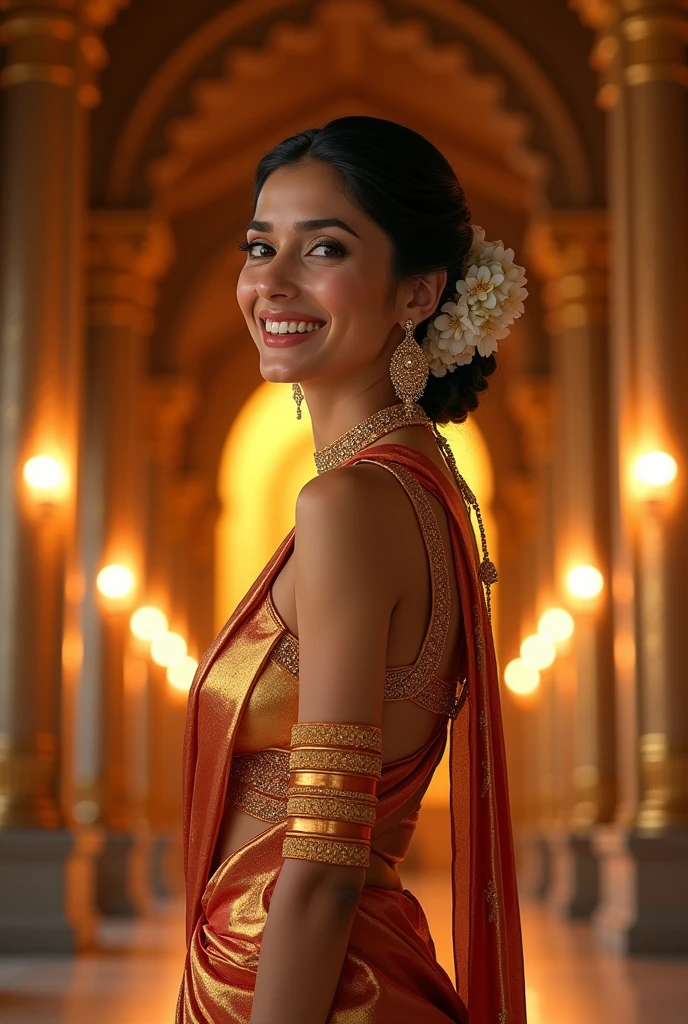 Celebrity "Gianna Dior" is standing in a temple, dressed in a beautiful silk saree and blouse. She is adorned with golden ornaments, including earrings and bangles. Her hair is adorned with jasmine flowers, and she is smiling brightly. The lighting is warm and inviting, with a soft glow that highlights the intricate details of her outfit. The overall mood is one of joy and celebration, with a sense of reverence for the temple's sacred surroundings.