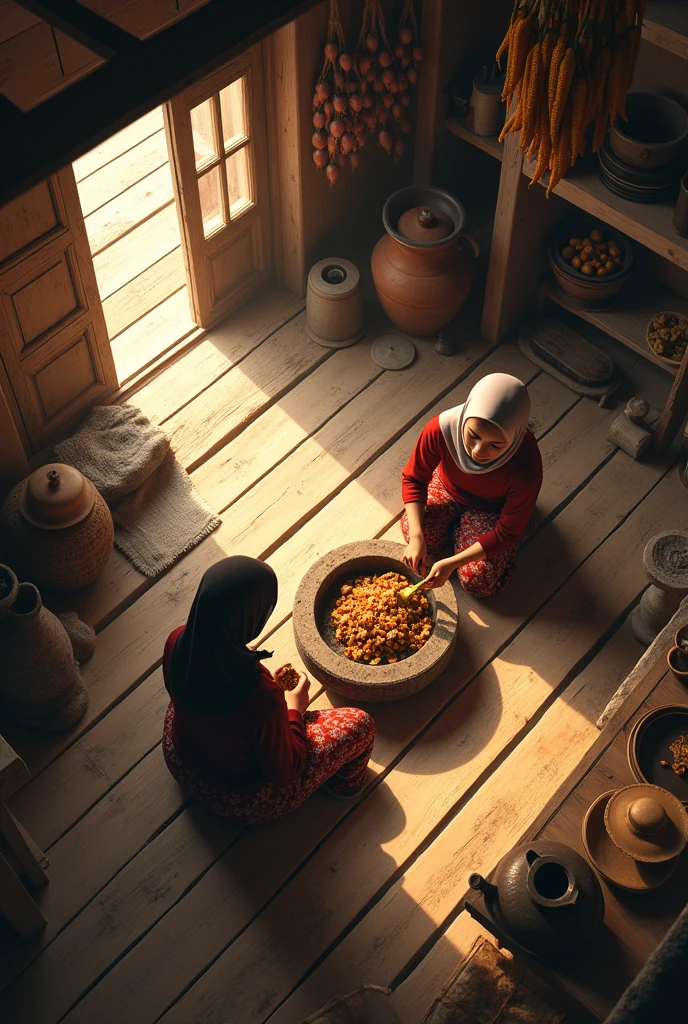 (photorealism:1.2), an aerial view of two malay beauty hijab girl sit down on a 
 floor in a wooden kitchen, in a midle of clay stove, wear a long sleeve t-shirt and a batik sarong, the girls pouring a meal onto the wok, a top aerial angle, in a morning sunshine, old urn,old traditional brick stove,, old kettle, old stone grinder, a pot of meat, two girl sit on a floor,, a dried corn, onion hanging