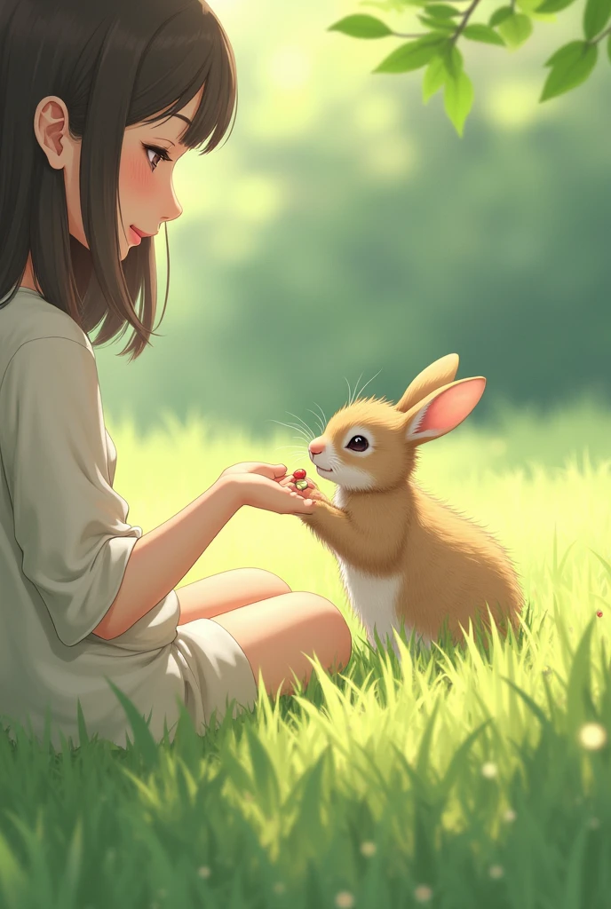 Image prompt: "Ali placing the rabbit on soft grass and starting to feed it."