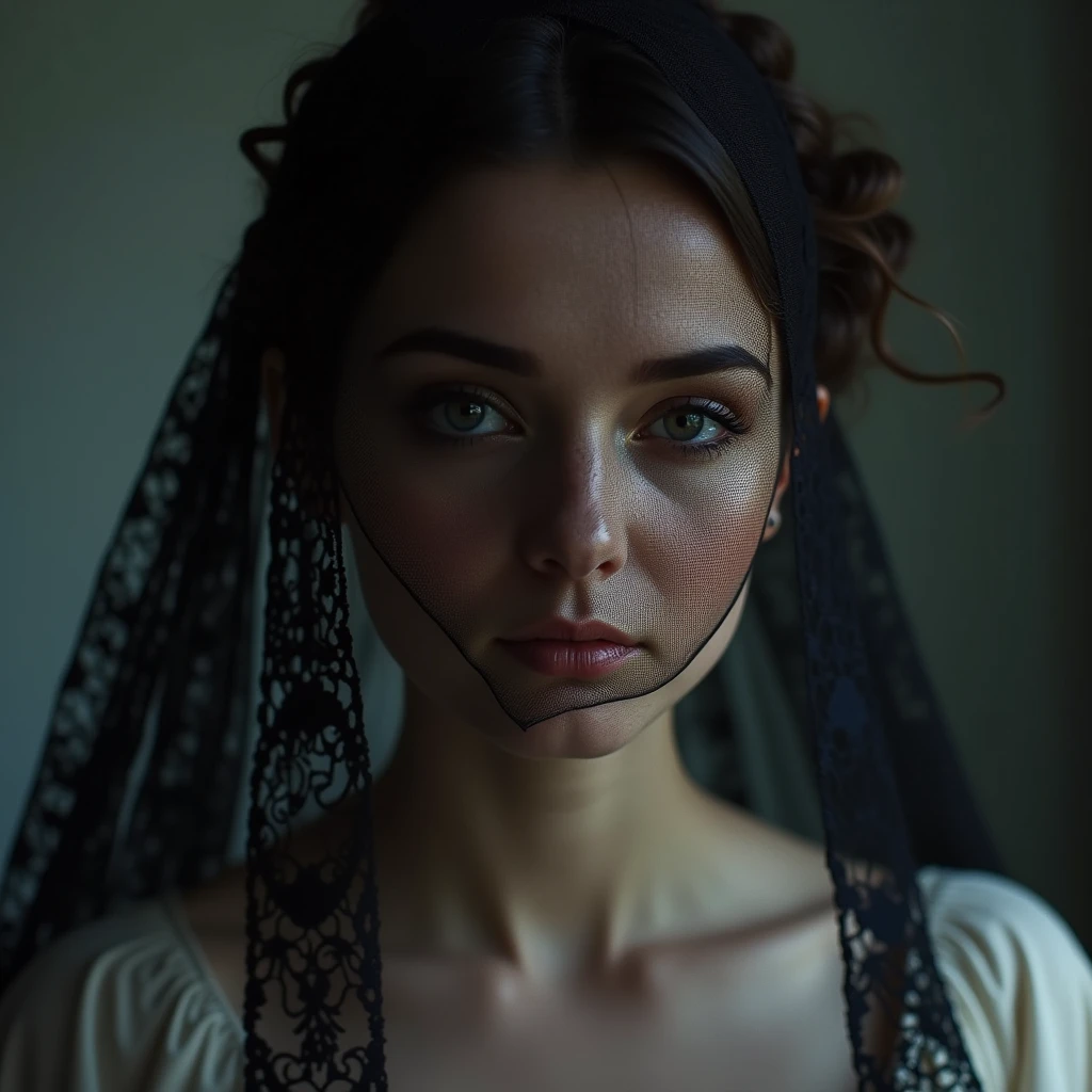 The image is a portrait of a person, the face of whom is partially obscured by a black lace veil. The person's eyes are visible, and they are looking directly at the viewer, creating an engaging and somewhat mysterious atmosphere. The person's hair is styled in an updo, and there is a hint of a white garment, possibly a dress, visible beneath the veil. The background is a muted, nondescript color, which serves to draw attention to the subject of the portrait. The use of light and shadow adds depth to the image, with the person's face and the lace veil being the focal points.