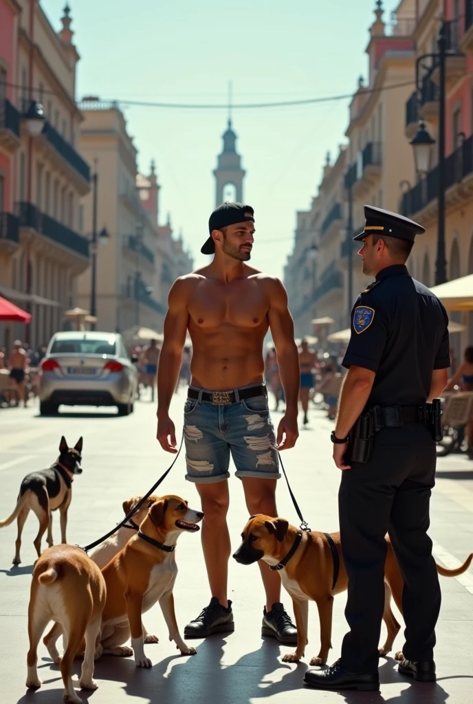 Photograph by ANNIE LEIBOVITZ with Panasonic Lumix DMC-FZ2000 camera of a bald man wearing a black cap and denim shorts with stylish and strategic rips that reveal his tanned legs, his dark, muscular torso uncovered and with 5 dogs of different breeds, each on a leash, sitting next to him and surrounding him. They are in the Plaza Mayor in Madrid, standing and chatting with a policeman in uniform on a busy, traffic-filled morning. Vibrant colours in a warm, sunny, relaxing and serene atmosphere.