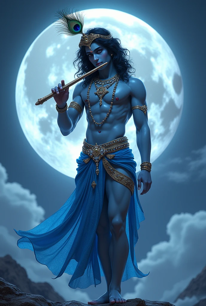 Shri Krishna most handsome man in blue mirror like dress under crescent moon having flute in his hand cascading black hair on his neck and his mesmerizing doe big eyes
 and wearing peacock feather and dimond crown not big crowds just like clip having smile on his face make his face more attractive  facing towards me standing 
Lean muscular body a smile and calm face palying that flute more attractive not reavling his lape






