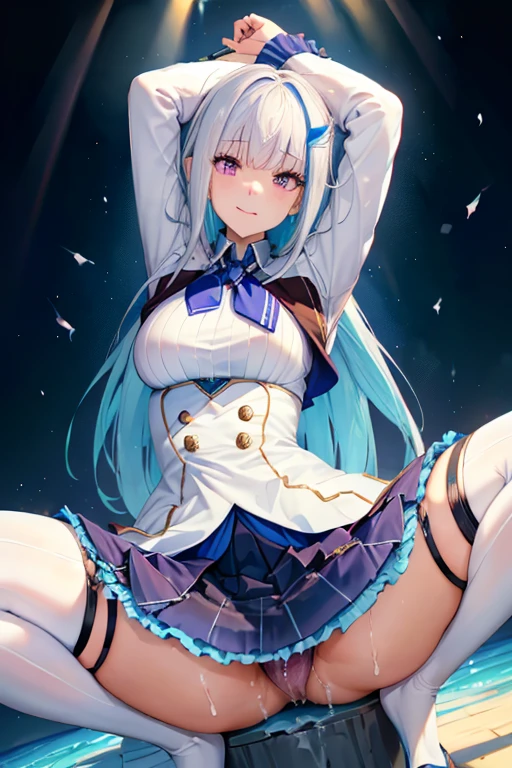 Highest quality, (squat),(Spread your legs),(cum on cloth),,A seductive smile, Ahegao,Place your arms behind your head,Low - Angle,(Photographed from the front), lh1, hair ornamnet, long hair, long sleeves, pleated skirt, blue thighhighs, 手链, frilled skirt, white jacket, white shirt, blue skirt, thigh strap,Black Panties,Showing panties,Long legs,Facing forward,(Anatomically correct), Plump thighs,Bedroom