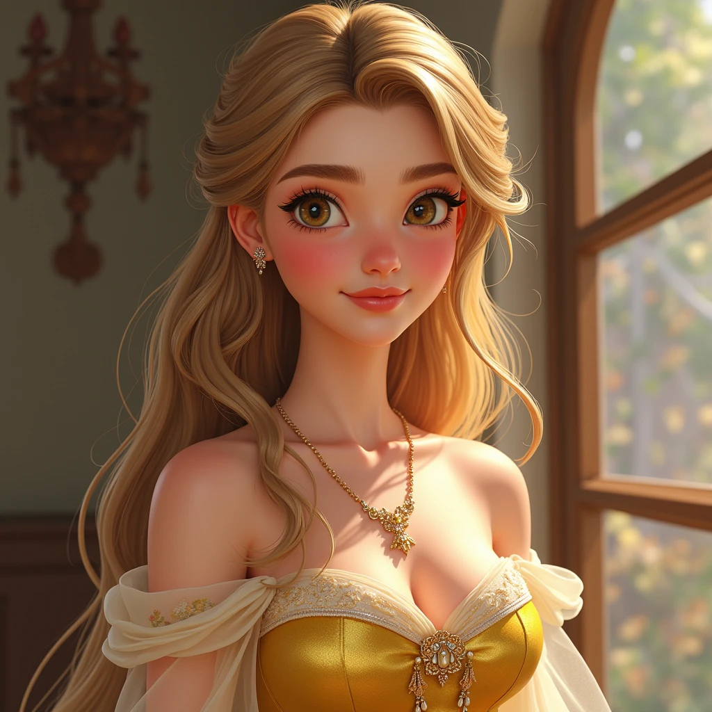 Imagine a young woman who embodies the beauty of all Disney princesses. She has Cinderella's grace, Rapunzel's golden hair, and Snow White's porcelain skin. Her eyes sparkle with kindness, and her smile is as warm as Anna's. She carries the strength of Mulan and Pocahontas, combined with the elegance of Belle and Jasmine. Dressed in a gown that blends Elsa's sophistication with Merida's boldness, she radiates both beauty and inner strength, making her a true heroine.