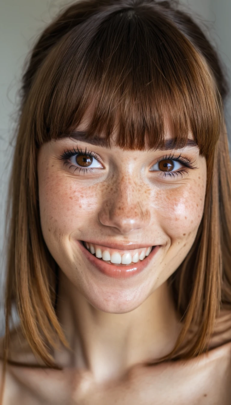 beautiful lady, (freckles), big smile, brown hazel eyes, Full Bangs, dark makeup, hyperdetailed photography, soft light, head and shoulders portrait, cover