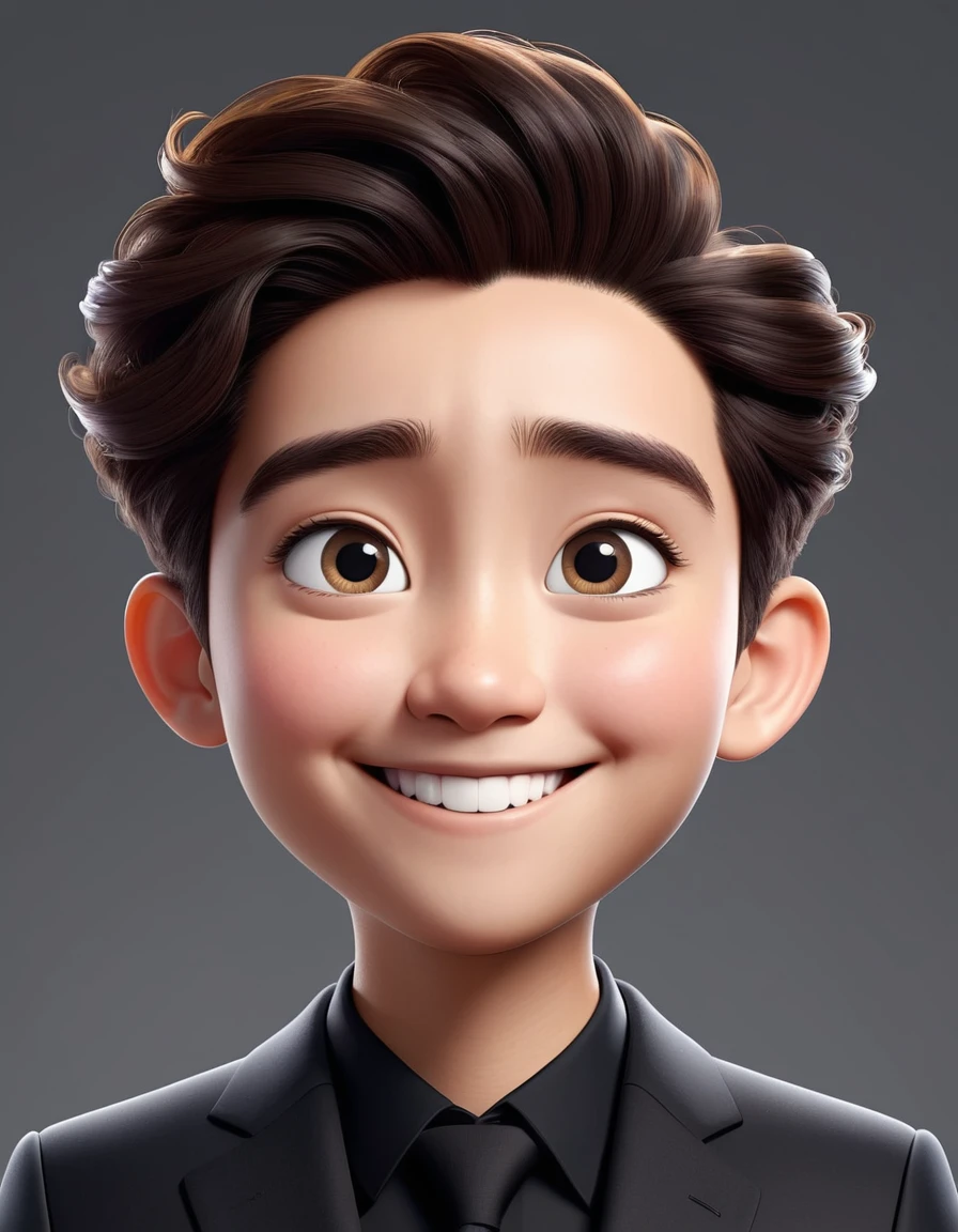 3d cute cartoon character disney pixar style, detailed face, detailed hair, wearing elegant black suit, smile, potrait, avatar, isolated with white background, good professional lighting, unreal engine