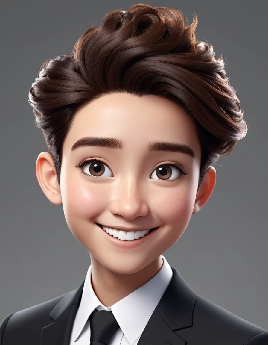 3d cartoon style, 20 years old man, short gray hair, little hair, in a dark blue suit and light blue shirt, no tie, smiling at the camera, foto perfil, commercial shot., face is brightly lit