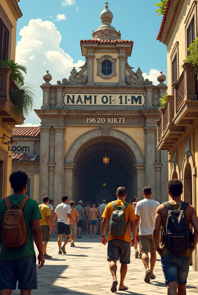 Public bath house, European architecture of 1650, with a sign written in capital letters “NHAMBU 01-M”, with Brazilian men in casual clothes and backpacks coming and going.