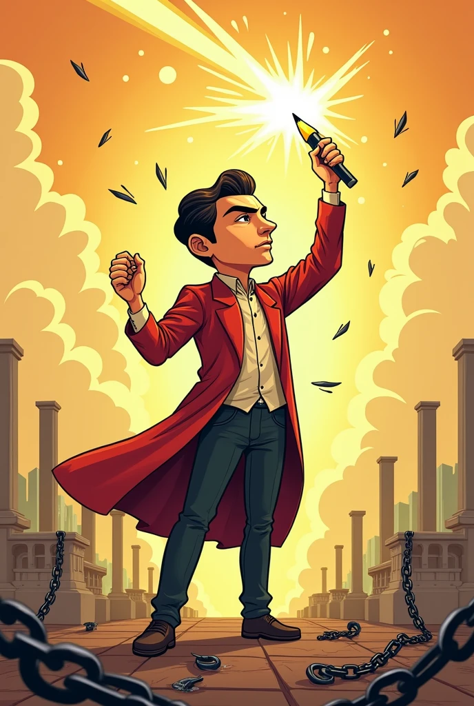 jose rizal casting a magic spell using pencil as a wand to break the chain of the slave
drawing cartoon simple