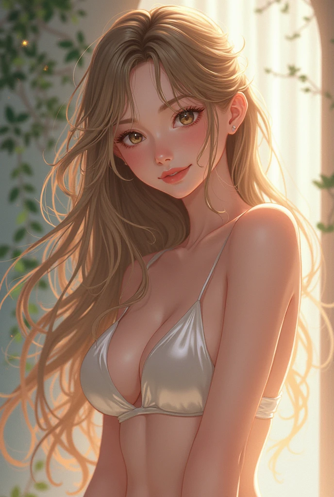 Beautiful girl with wavy long hair, anime style, No type of clothing on top, naked