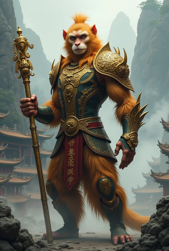 Create a highly detailed scene of Sun Wukong from the game 'Black Myth: Wukong.' He should be shown standing tall in the midst of a misty mountain landscape, holding his golden staff. Sun Wukong's fur is golden-brown, and his piercing eyes reflect his fierce yet wise nature. His armor is adorned with intricate dragon motifs, and his surroundings include ancient temples and mystical creatures. The scene should evoke a sense of epic adventure, power, and mythological depth.