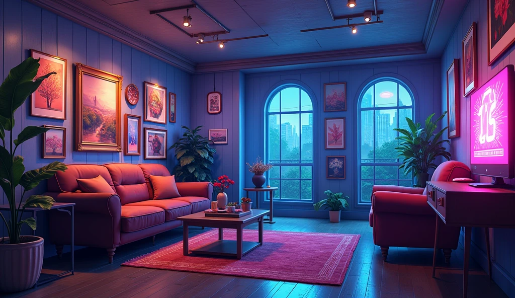 Anime Style、A room decorated with many paintings、cyber-、Raindrop shaped neon,component