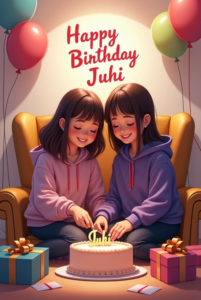 Create a realistic a profile picture where a 2 GIRL is cutting his birthday cake facing forward in smiling face, purple hoodie, Sitting casually on a Wingback Chair There are giftsIying on the ground along both sides of the chair. and the cake is lying in front of table, my username "JUHI" written on the cake with Red Color, in my background HAPPY BIRTHDAY JUHIwritten with Red Colors, with balloons in different colors attached on the white wall,