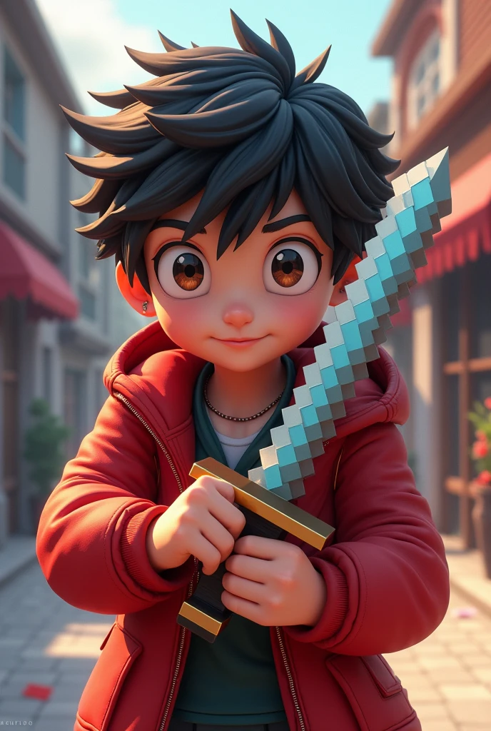 A anime 3D boy taking Minecraft diamond sword and his clothes red jacket front side amazing
