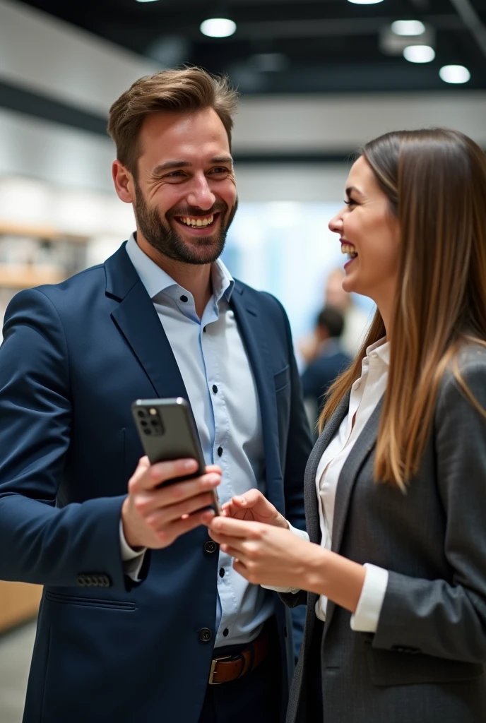 Salesman gifting a happy customer a mobile phone and looking towards the camera