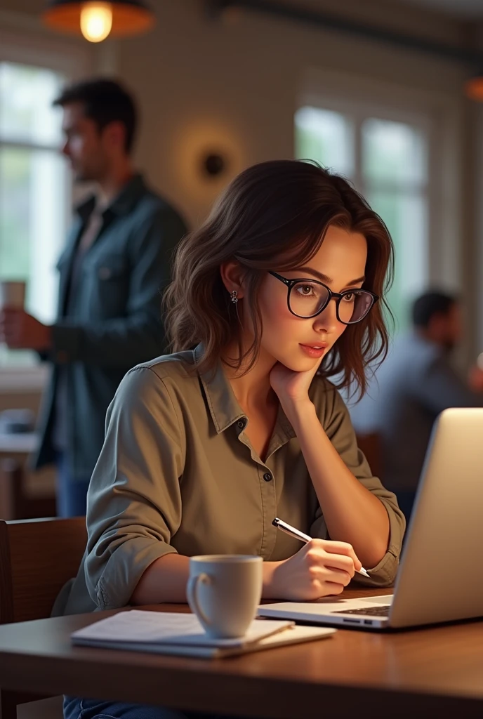 Anna, a software engineer in her early 30s, sits at a table with a laptop open in front of her. She’s deep in thought, jotting down notes. Her friend, MIKE, joins her with a coffee.*