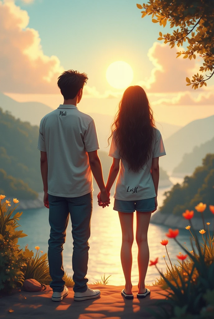 Generate a beautiful scenery in which a guy and a girl have their backs and are holding their hands ghe guy has Madi writren at the back of his shirt and the gurl has Leish written at the bottom both are of the same height and  Leish should be written at the bottom back of the girl and she should have long here but Leish should be visible 

