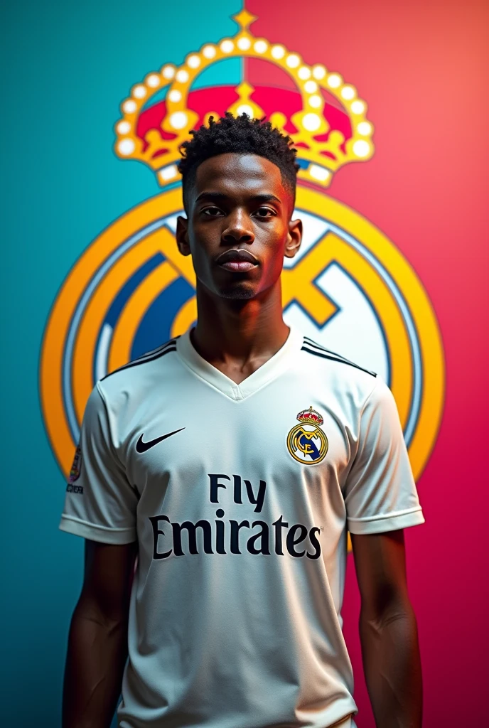 Make a vinicius junior photo with the colour full back ground with real madrid logo and give a better look