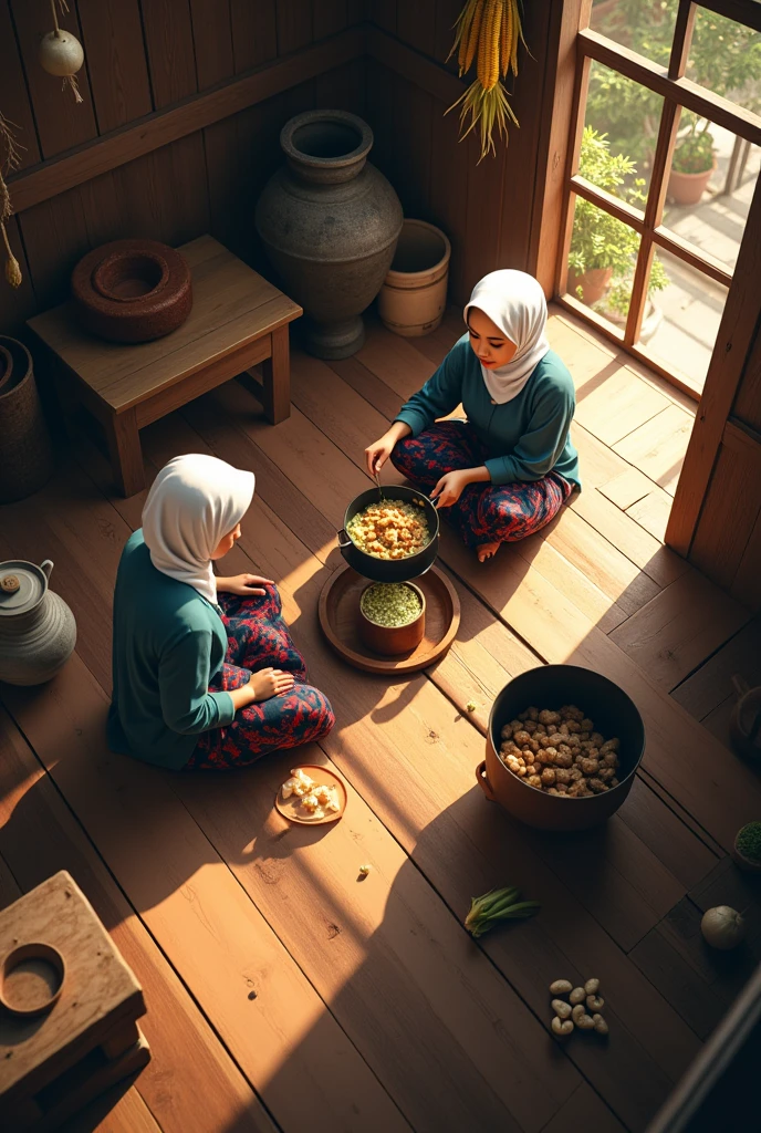 (photorealism:1.2), an aerial view of two malay beauty hijab girl sit down on a
floor in a wooden kitchen, in a midle of clay stove, wear a long sleeve t-shirt and a batik sarong, the girls pouring a meal onto the wok, a top aerial angle, in a morning sunshine, old urn,old traditional brick stove,, old kettle, old stone grinder, a pot of meat, two girl sit on a floor,, a dried corn, onion hanging