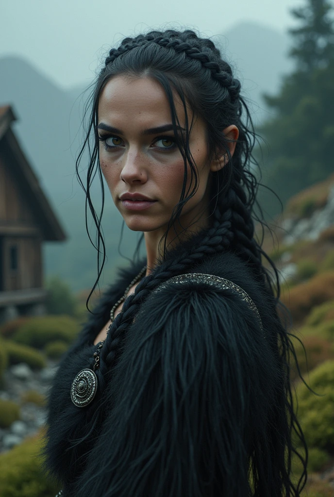A beautiful and sexy Viking daughter woman dressed in heavy fur, dark wolf eyeliner, heavy eyeshadow, beautiful refined face detail, dark eyes, crooked smile, mischievous glint in her eye, perfect body, alluring energy, untamed spirit, Lucious braided black hair, worshipping the gods, atmospheric fog, ambient light, rim light, an overgrown mountain forest, wooden hut,, dynamic view,