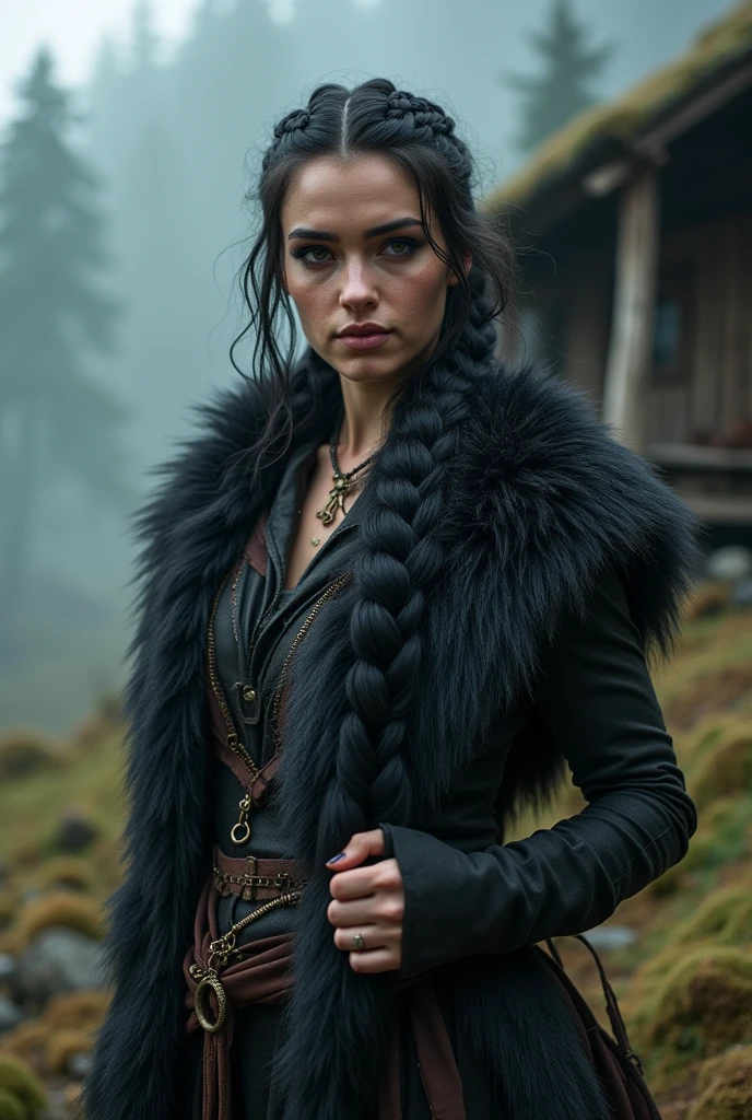 A beautiful and sexy Viking daughter woman dressed in heavy fur, dark wolf eyeliner, heavy eyeshadow, beautiful refined face detail, dark eyes, crooked smile, mischievous glint in her eye, perfect body, alluring energy, untamed spirit, Lucious braided black hair, worshipping the gods, atmospheric fog, ambient light, rim light, an overgrown mountain forest, wooden hut,, dynamic view, 
