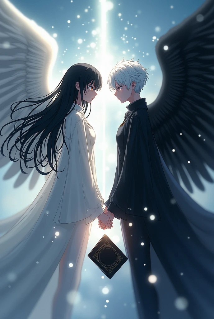 Make two floating angels of death, one having long black hair, with white eyes, angelic clothing and magic of lights, with a book floating in front of him and an aura of light around his body, and another angel with short white hair and completely black eyes, with black demonic clothes, and dark magic, with a black book floating in front of him and a black aura surrounding his body. Make it in human form with anime style