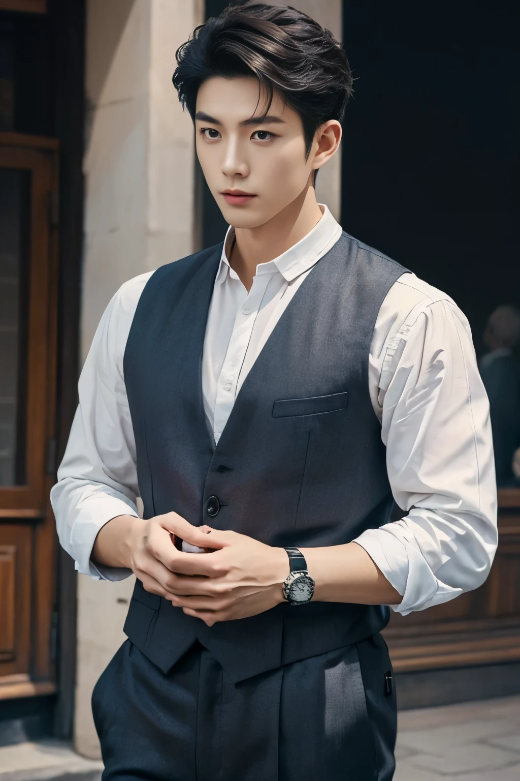 masterpiece, Best quality, realistic, a handsome Thai-Korean guy dressed in a casual yet stylish outfit, wearing a prominently visible wristwatch. The outfit should be modern and elegant, with meticulous attention to detail in both the clothing and accessories. The wristwatch adds a touch of sophistication to his overall look