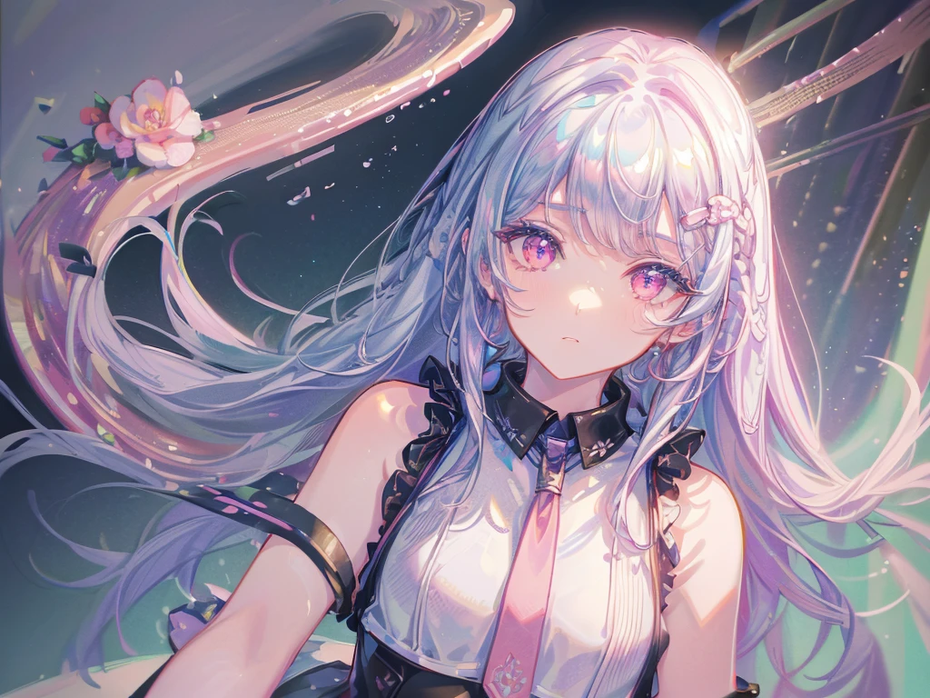 1girl in、florals,((masterpiece:1.4), best quality, HDR,UHD,8K), expressive eyes, cute chibi face, 1girl, solo, cute, perfect body, long light blue hair, wavy long bangs,chibi pink eyes, white skin, black crop top,pink tie, has black skirt,