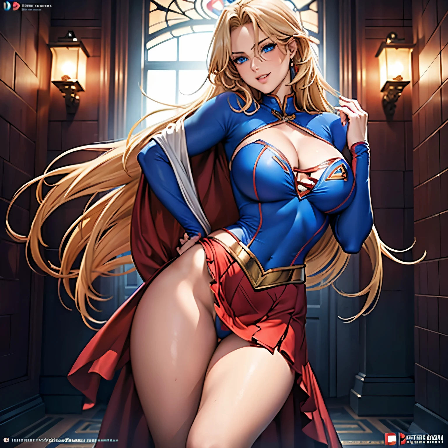 ((best quality)), ((masterpiece)), (detailed), perfect anatomy, highly detailed hands, highly detailed human ears, highly detailed face, highly detailed eyes, highly detailed nose, highly detailed mouth, highly detailed hair, highly detailed skin,a 1 girl,long straight blond hair,sky-blue eyes,athletic,self-confident smile, (large breasts, seductive thighs), perfect face, perfect eyes, sexy body, dressed supergirl cosplay (super girl suite custom role-playing), (supergirl, cleavage, shortest red skirt, tiny thong, t back, g string, tiny top suit, super girl logo in the chest), hard niples, sweaty skin, side boob, (beautiful scenery), daytime, (terrace in 1 building), sexy pose, , (lovely smile, parted lips), view from front, dynamic sexy pose, in bedroom, portrait,highly detailed,masterpiece,photorealistic,8k,ultra-detailed,dramatic lighting,intricate details,elegant,aristocratic,regal,noble,confident,powerful,imposing,dramatic, all image in sharp focus, full body wide shot