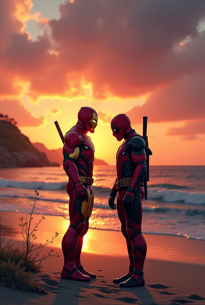 Iron man and dead pool watching Sunset in a beach