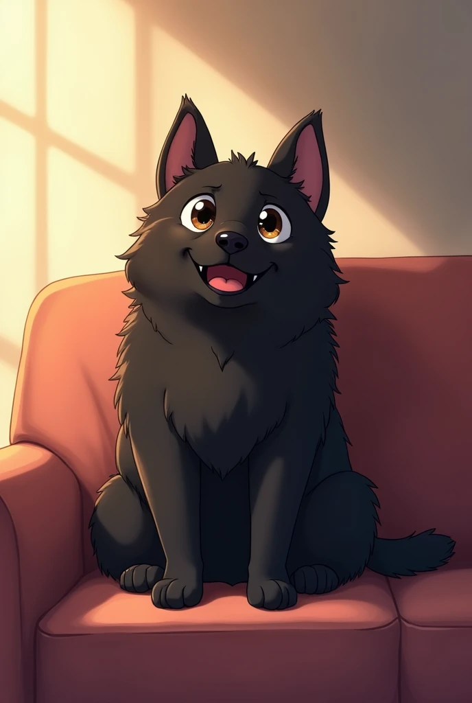 Big, Black, happy, thin and furry anime dog sitting on a sofa
