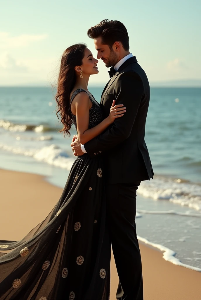 A girl on beach in black sari and one boy kissing him and boy wear black suit